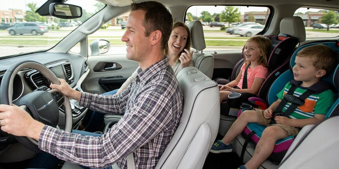 Family in a van driving 