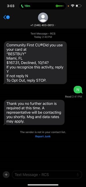 Impersonation scam text example.