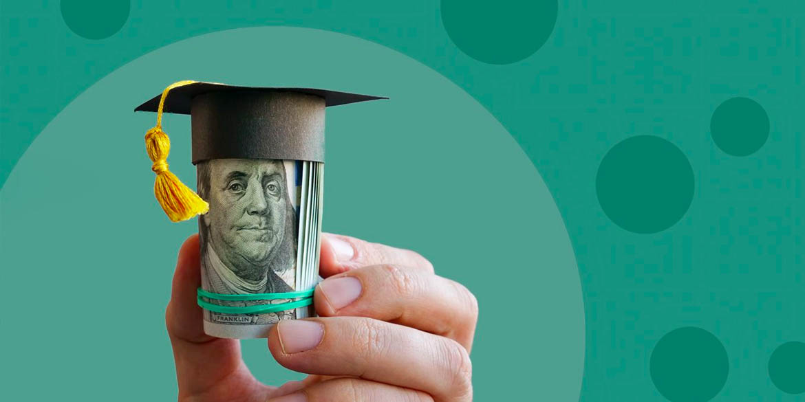Roll of 100 dollar bills with black graduation cap on a green background with dark green circles.