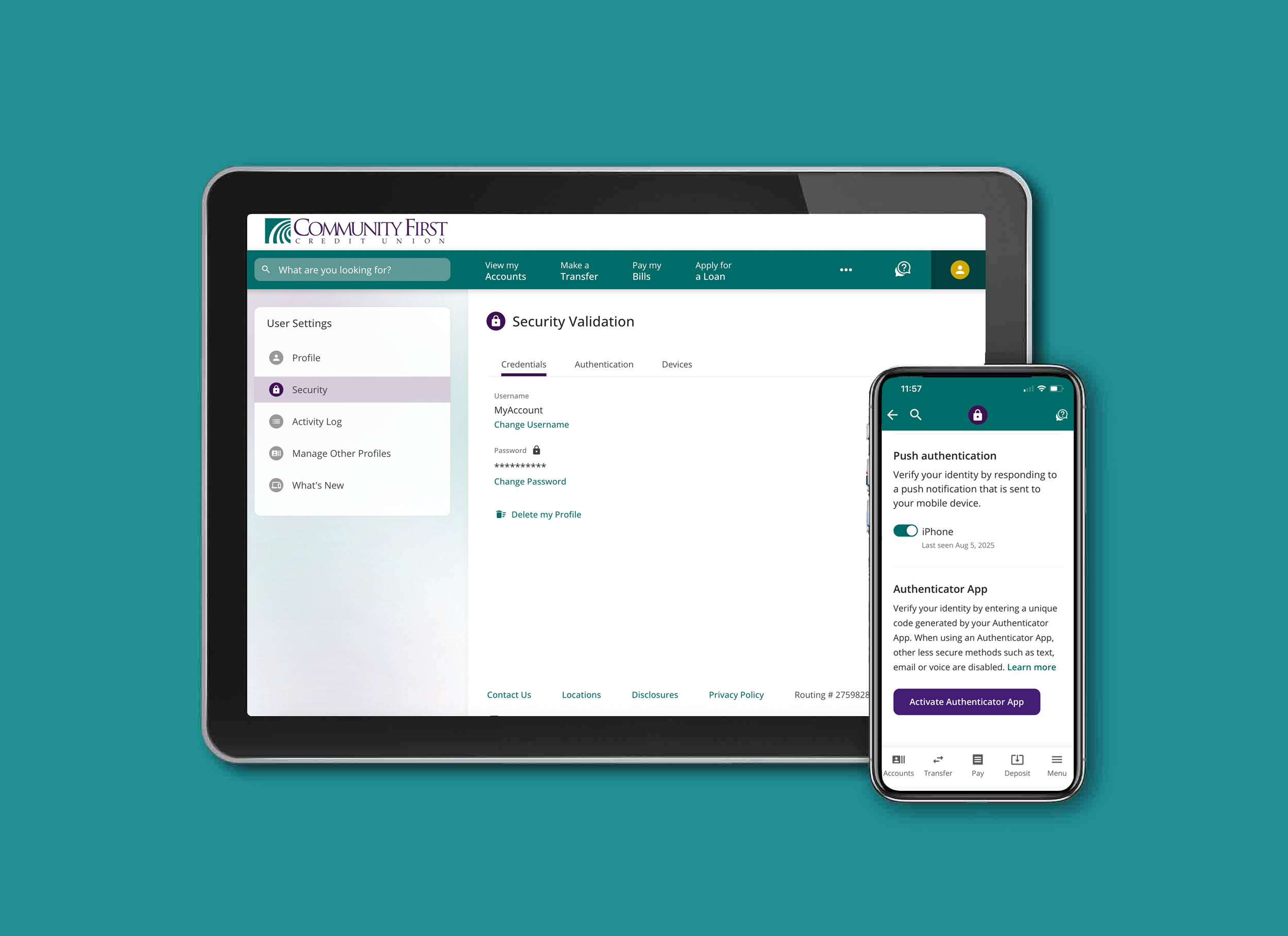 Community First Credit Union digital banking advanced security options display on tablet and mobile.