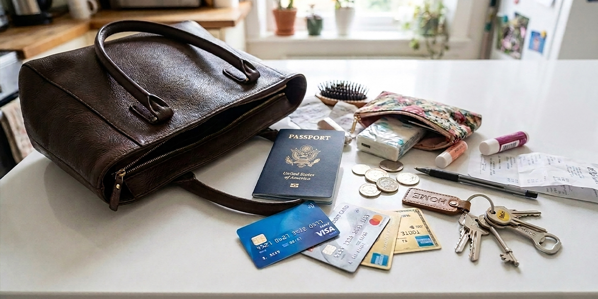 Purse with contents on table