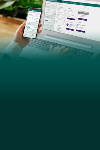 CFCU Digital Banking on Mobile and Laptop with Dark Teal Swirl.