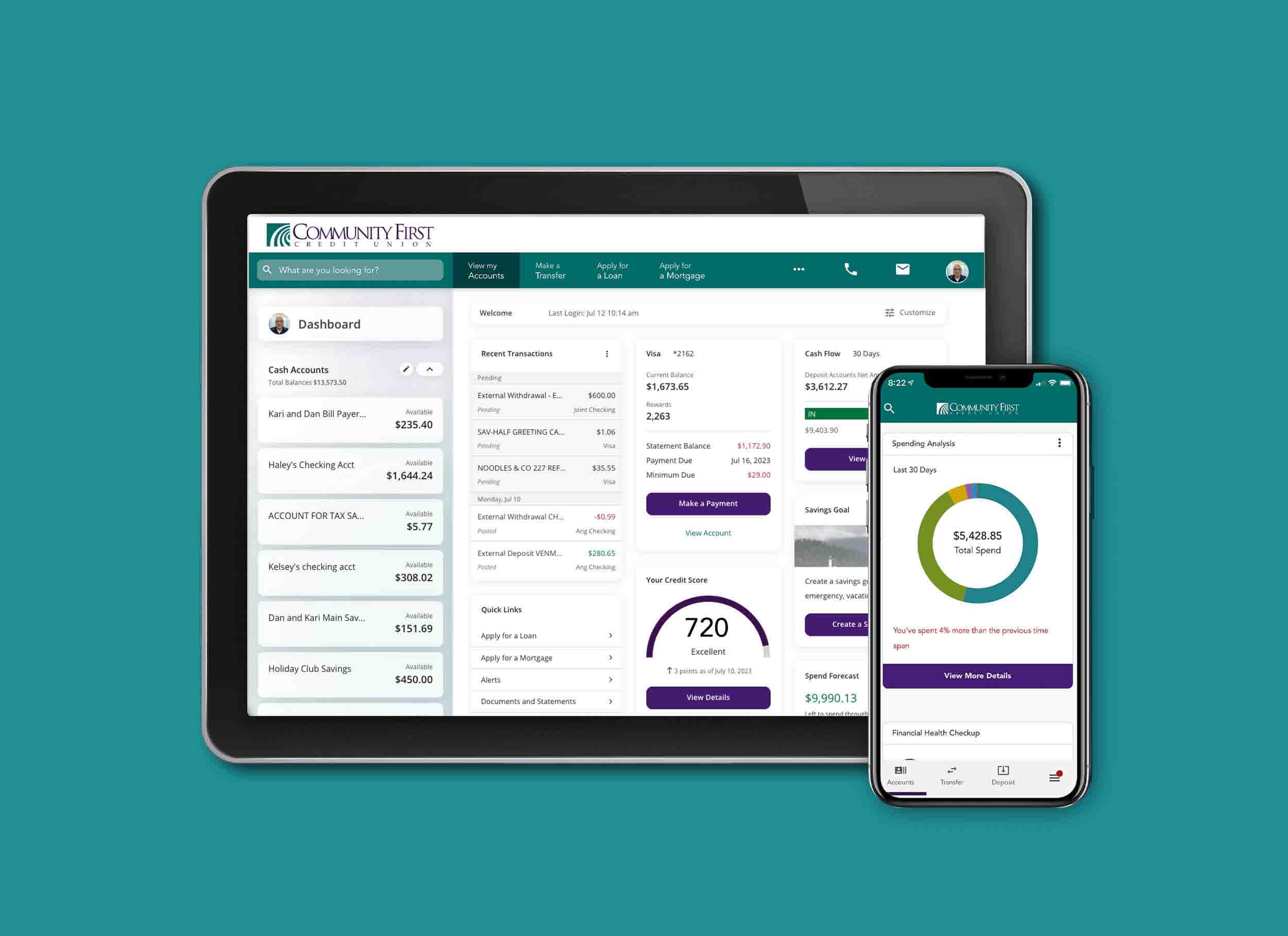 Community First Credit Union digital banking budgeting and spending display on tablet and mobile.