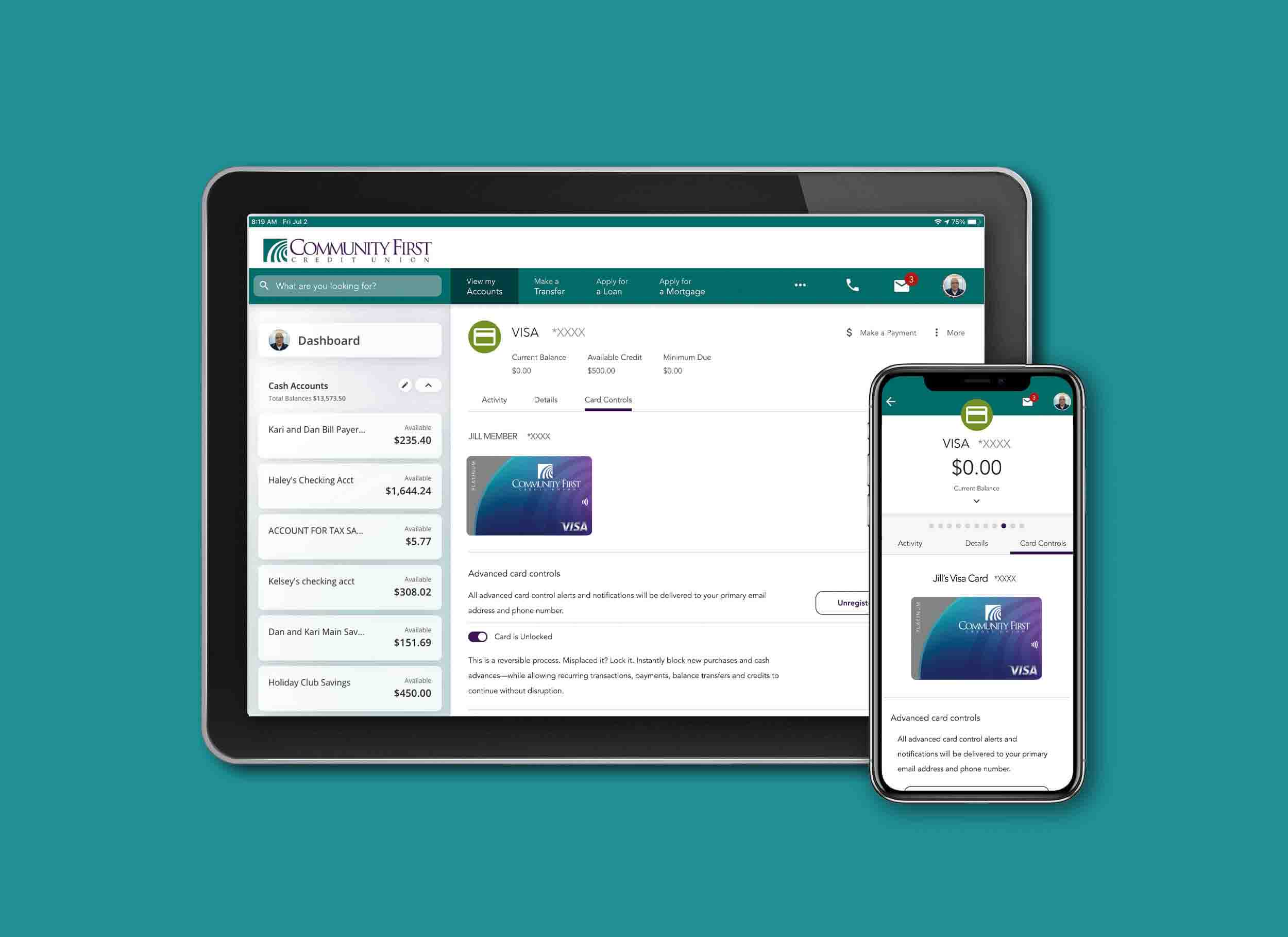 Community First Credit Union digital banking card controls and alerts display on tablet and mobile.