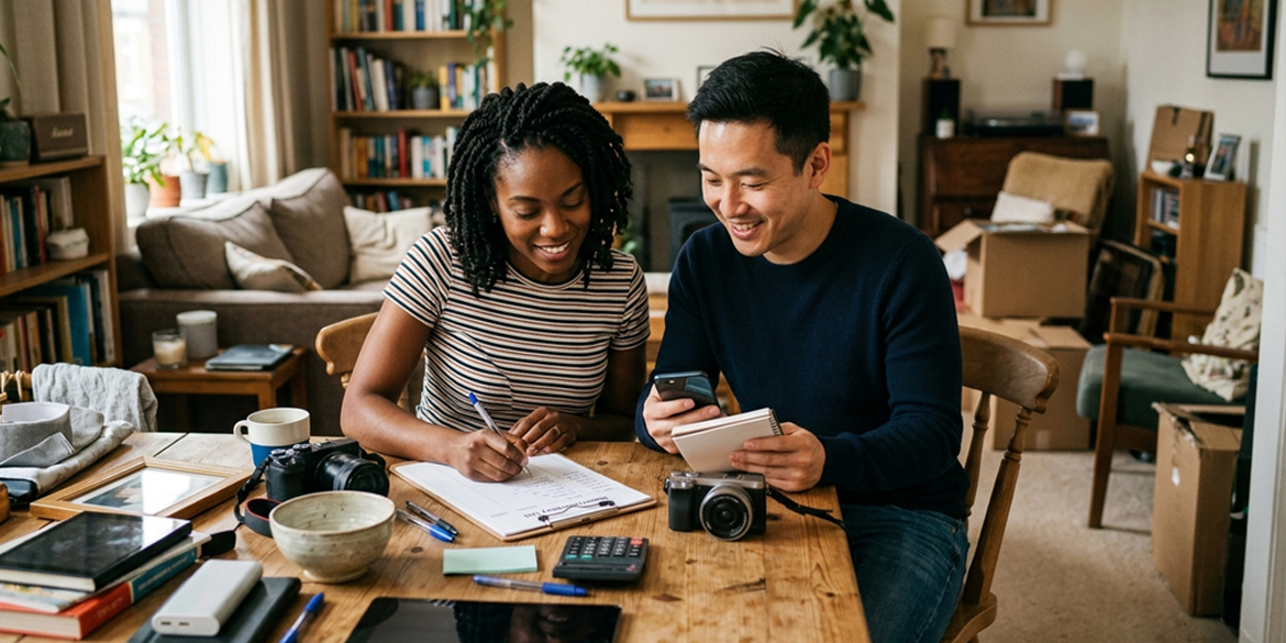 Couple making list of possessions.