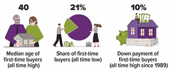 Profile graphs of first time home buyers, depicting age, share, and down payment.