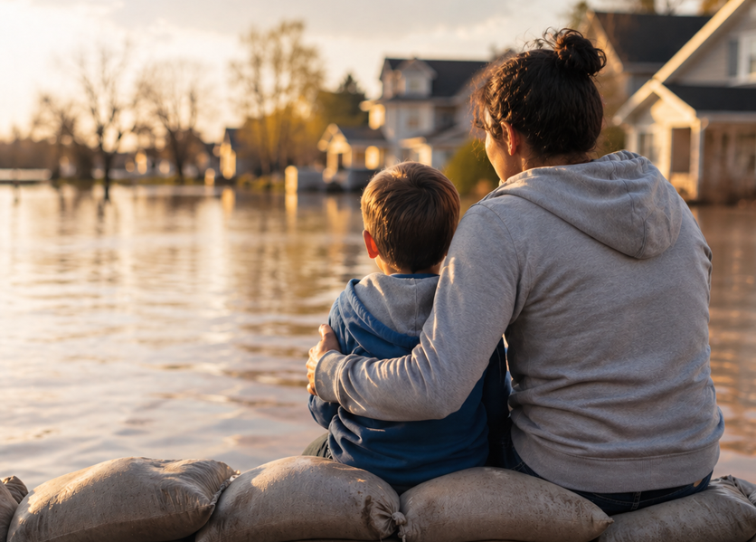 Mother Son Sitting on Sandbags During Flood
