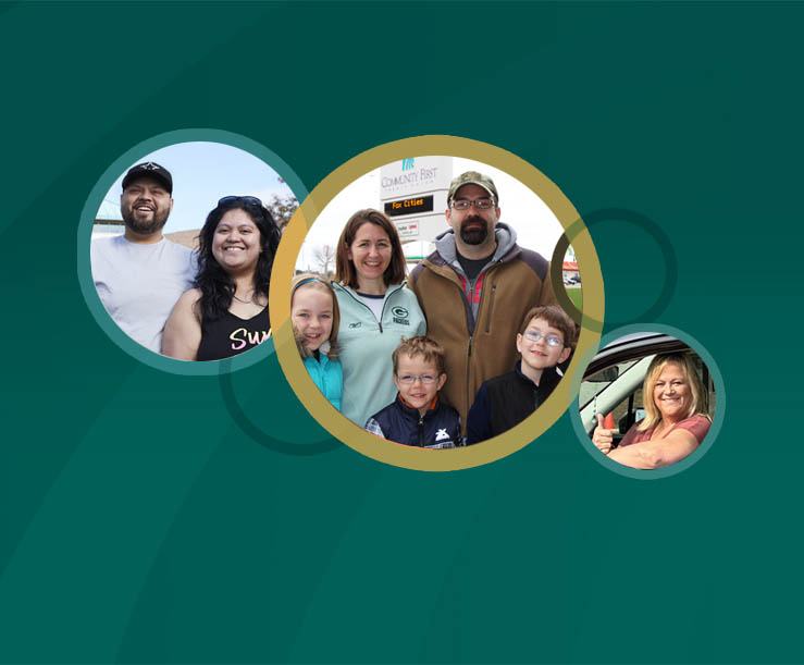 Community First Credit Union members in circles on teal background.