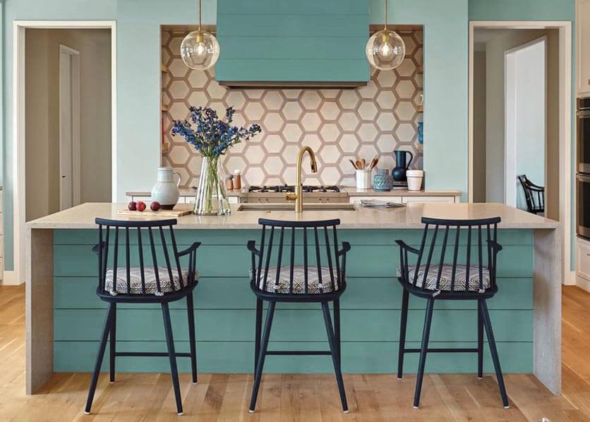 Kitchen design featuring bright colors and tile backsplash.