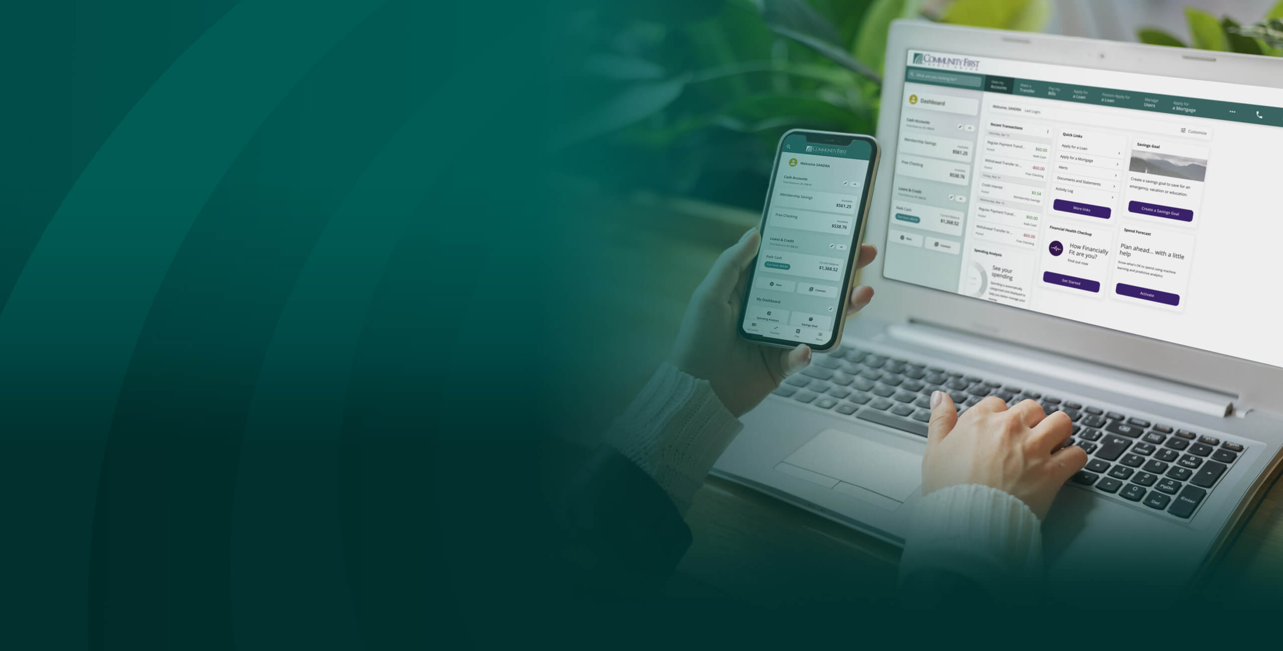 CFCU Digital Banking on Mobile and Laptop with Dark Teal Swirl.