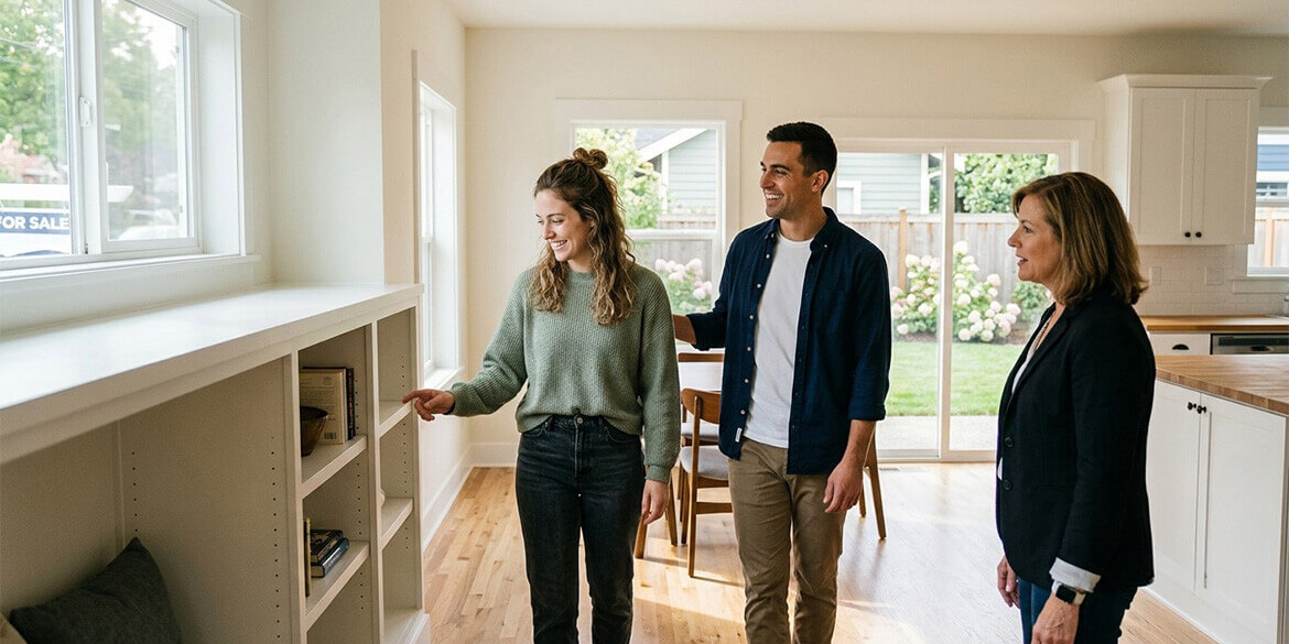 Couple shopping for a new house with realtor.